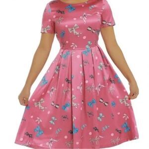 LINDY BOP Elodie Satin Swing Dress Pink Bows Retro Vintage 50’s Style Size 8